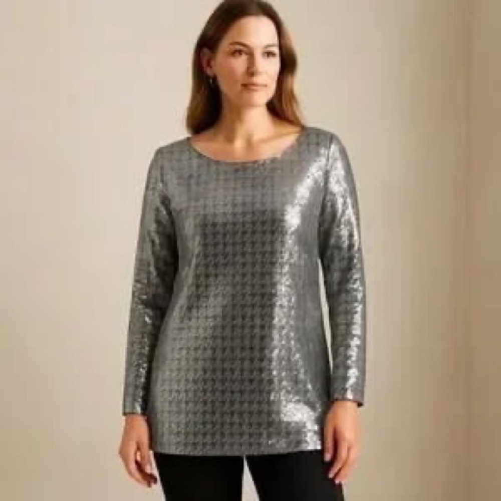 Chico’s Houndstooth Sequin Tunic Top Festive Party Chicos Size 2
